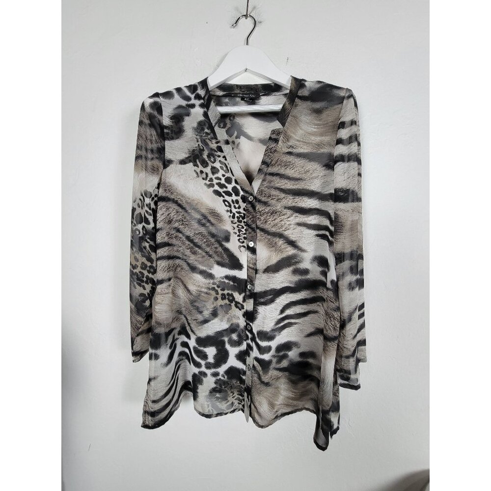 Michael Tyler Womens Animal Print Sheer Tunic Top Small Long Sleeve Button-Front